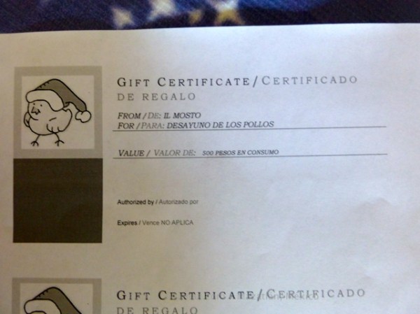 500 peso gift certificate to Il Mosto
